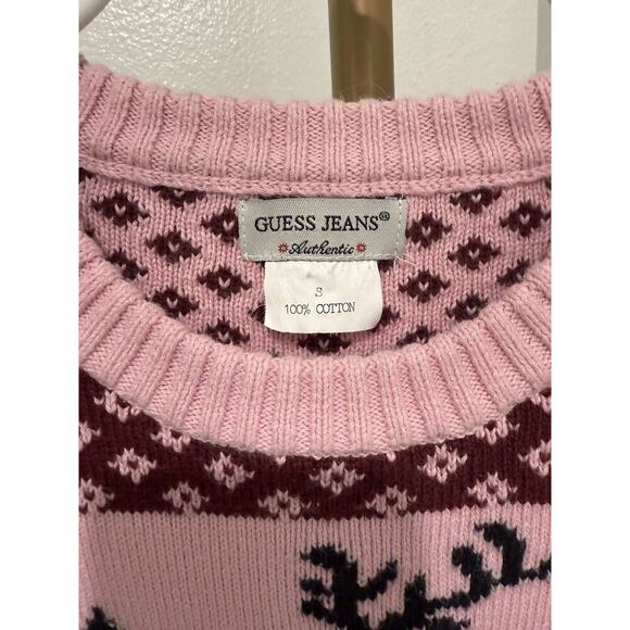 GUESS Women's Small Pink Vintage Christmas Sequin Reindeer Sweater Knit Cotton - Picture 2 of 5
